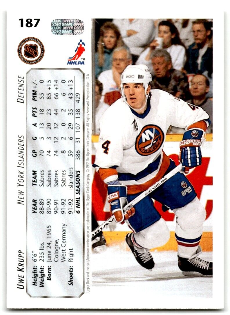 1992-93 Upper Deck Uwe Krupp New York Islanders #187