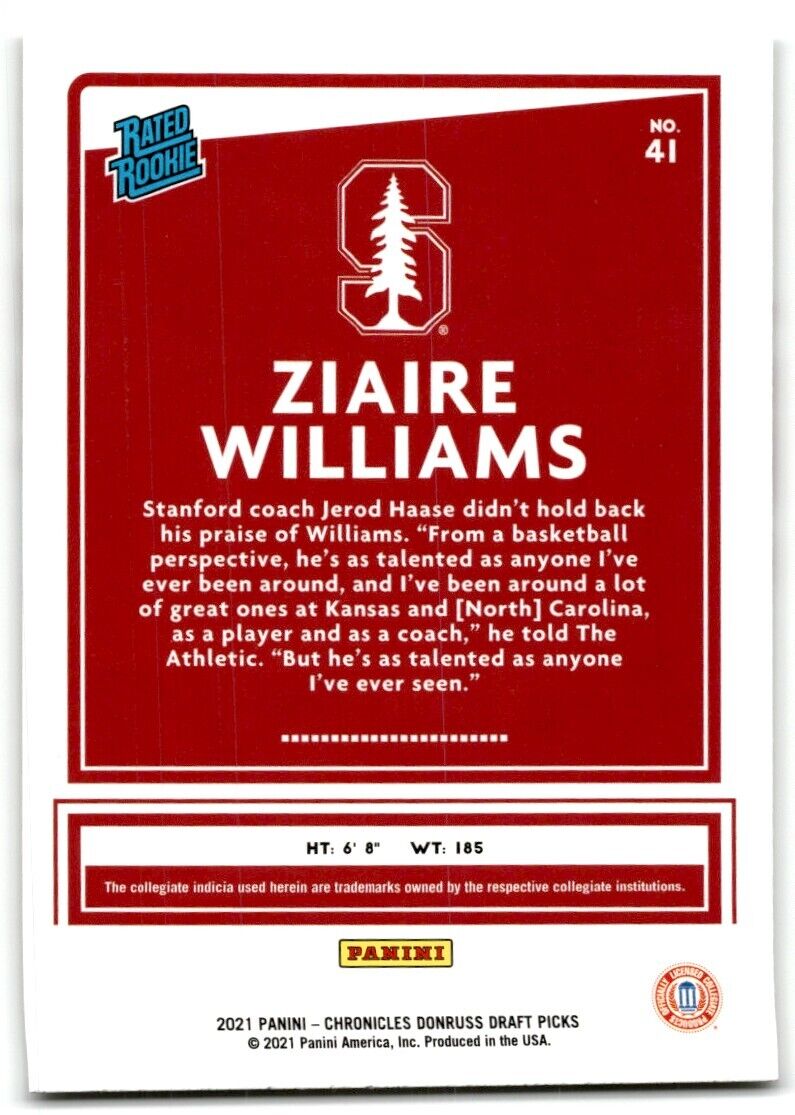 2021-22 Panini Chronicles Donruss Draft Picks Ziaire Williams Stanford Cardinal