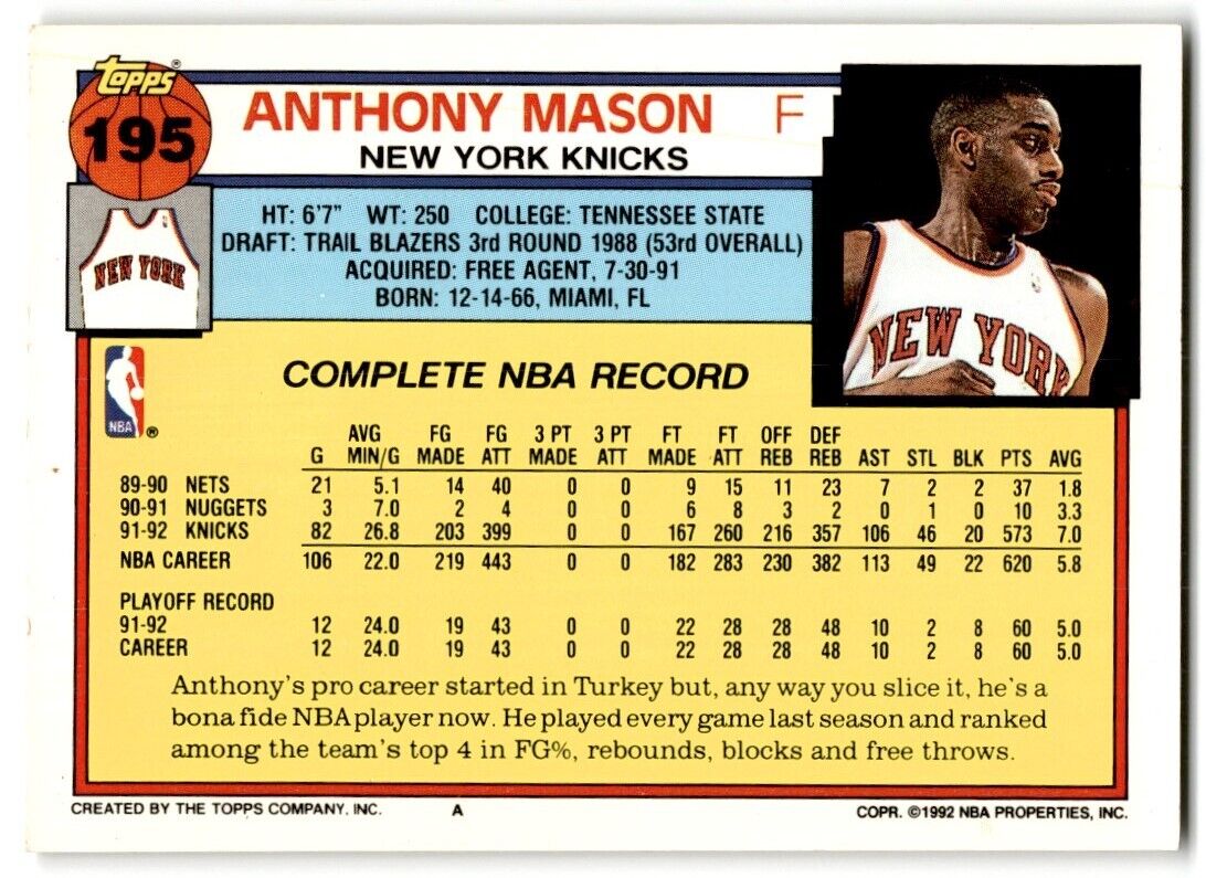 1992-93 Topps Anthony Mason New York Knicks #195