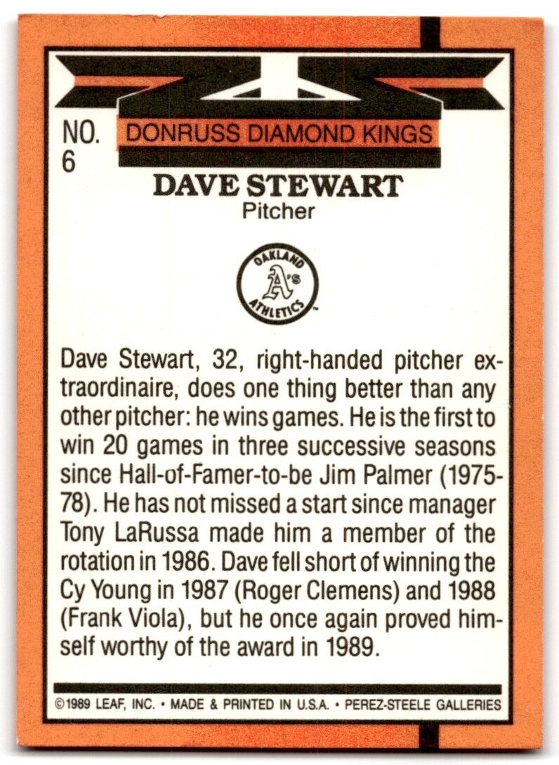 1990 Donruss Diamond Kings Dave Stewart Oakland Athletics #6