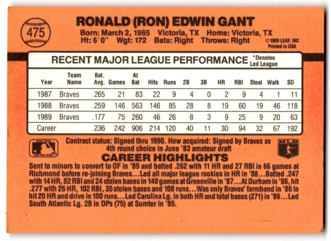 1990 Donruss Ron Gant Atlanta Braves #475