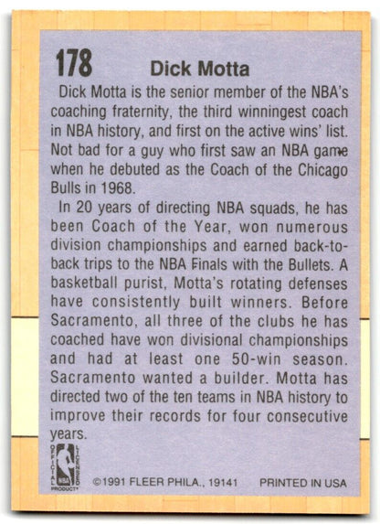 1991-92 Fleer Dick Motta Sacramento Kings #178