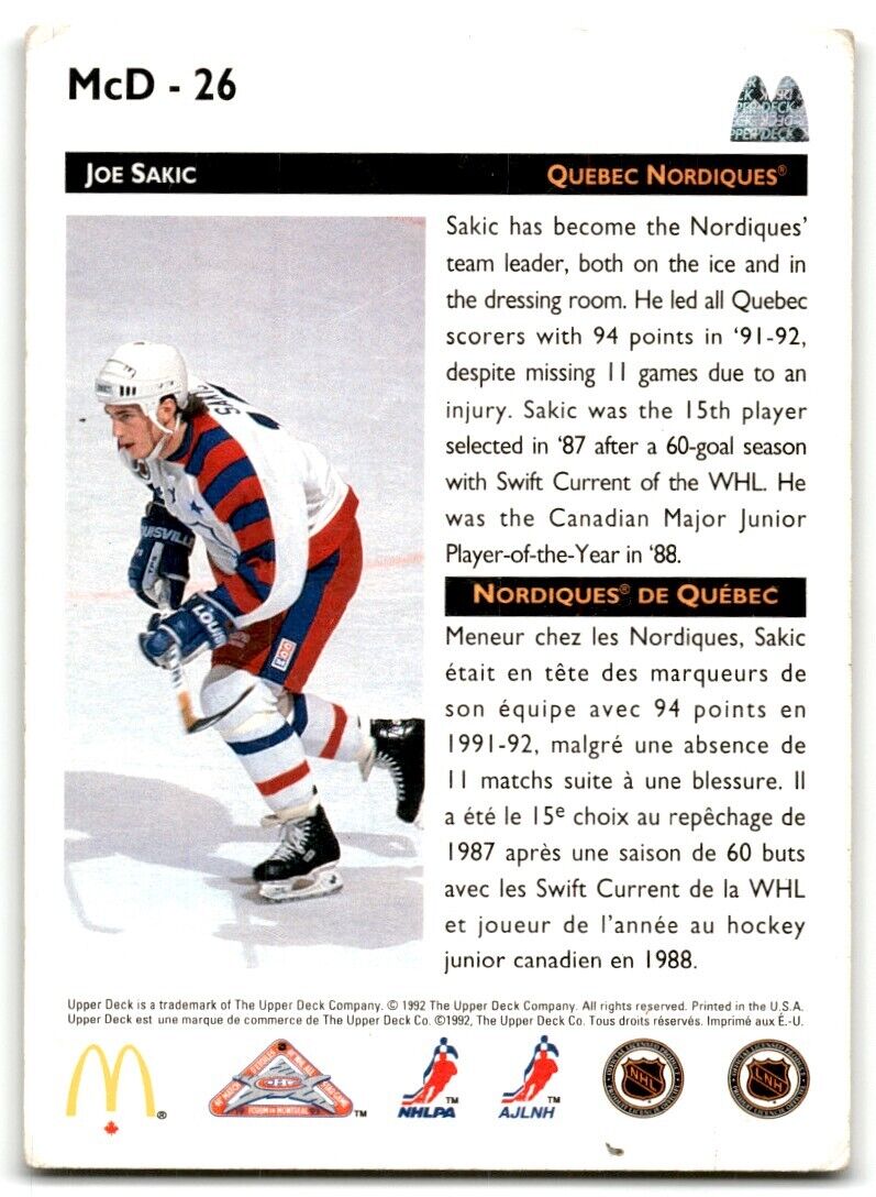 1992-93 Upper Deck McDonald's All-Stars Joe Sakic Quebec Nordiques #MCD-26