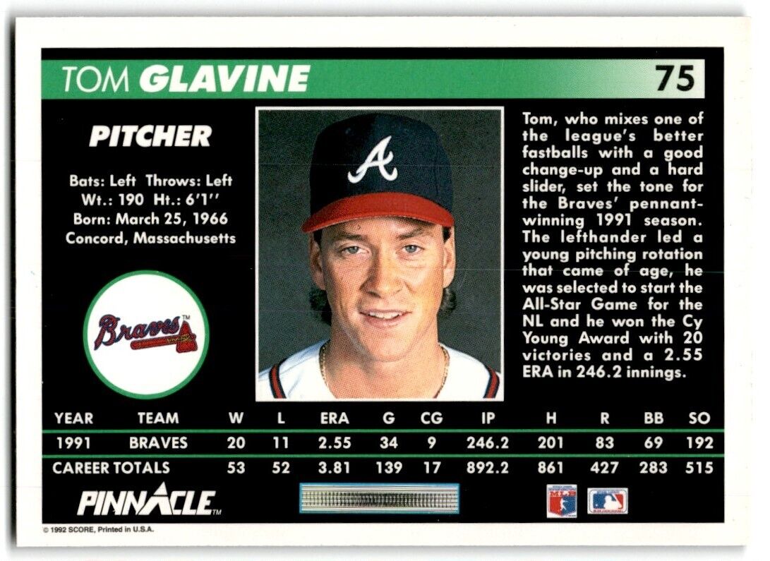 1992 Pinnacle Tom Glavine Atlanta Braves #75