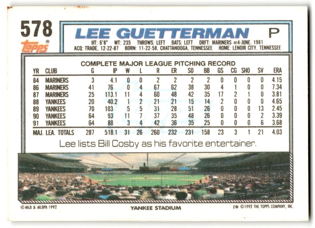 1992 Topps Lee Guetterman New York Yankees #578