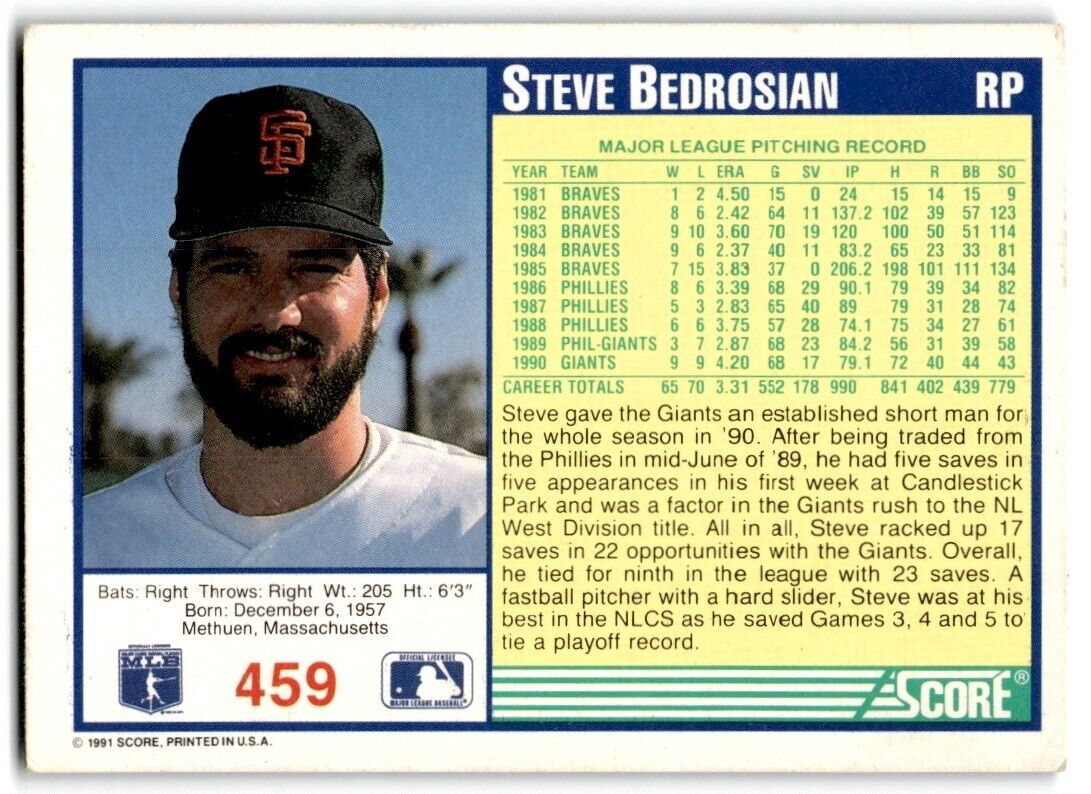 1991 Score Steve Bedrosian San Francisco Giants #459