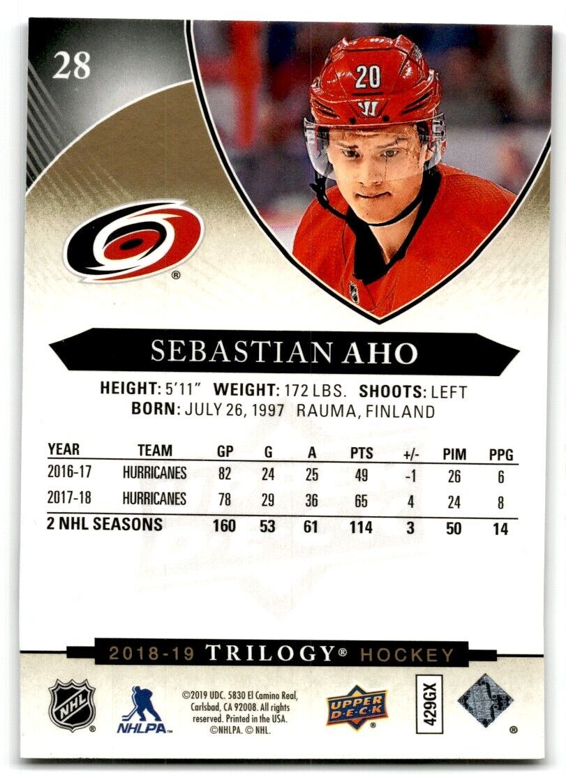 2018-19 Upper Deck Trilogy Sebastian Aho Carolina Hurricanes #28