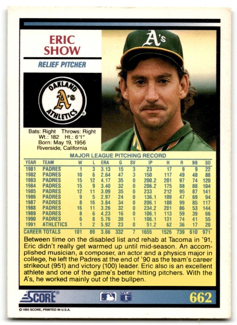 1992 Score Eric Show Oakland Athletics #662