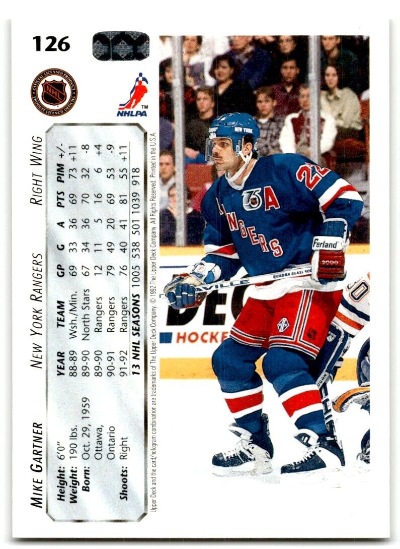 1992-93 Upper Deck Mike Gartner New York Rangers #126