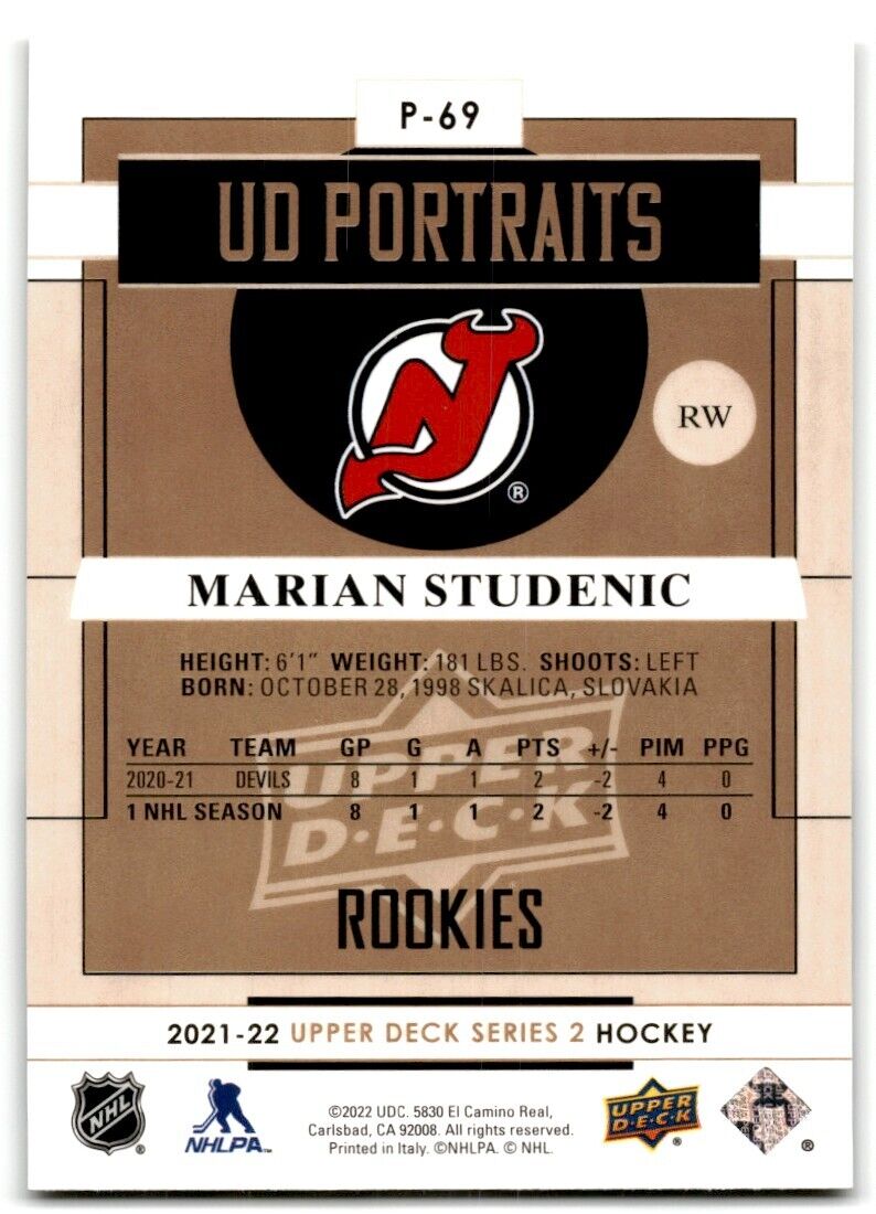 2021-22 Upper Deck UD Portraits Marian Studenic Rookie New Jersey Devils #P-69