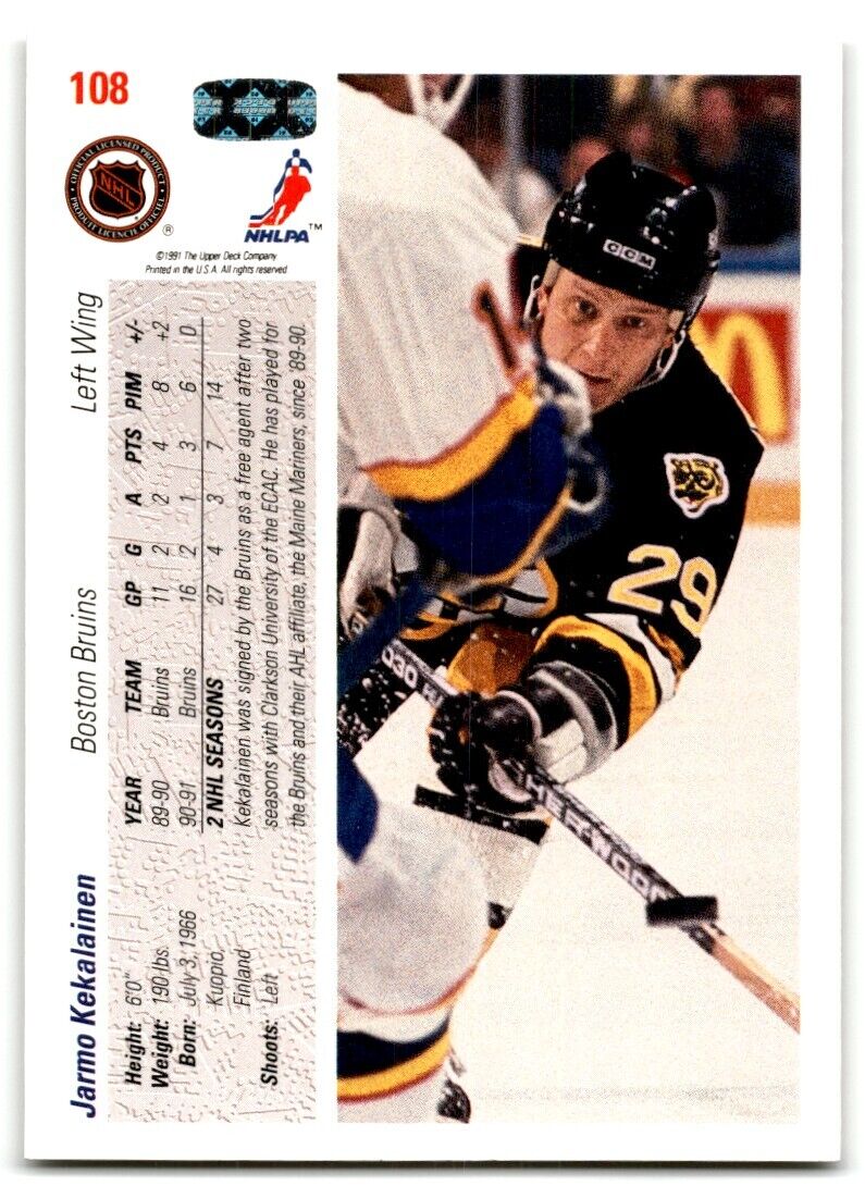 1991-92 Upper Deck Jarmo Kekalainen Rookie Boston Bruins #108