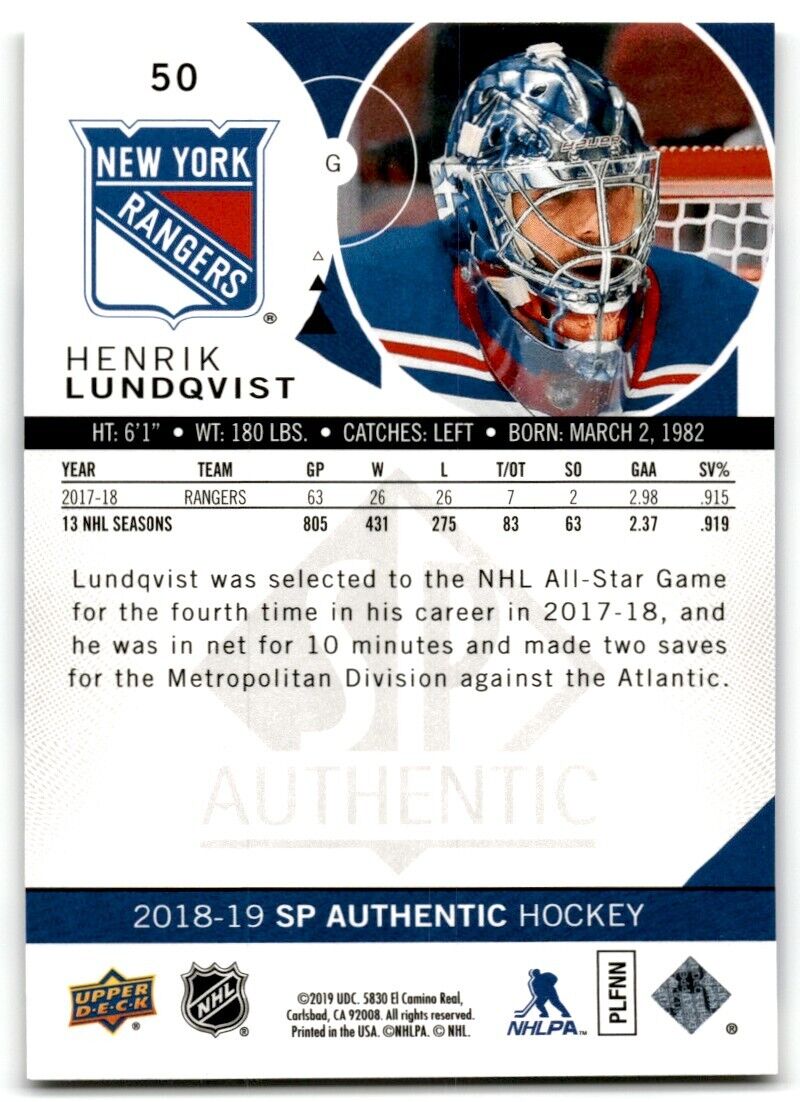 2018-19 SP Authentic Henrik Lundqvist New York Rangers #50