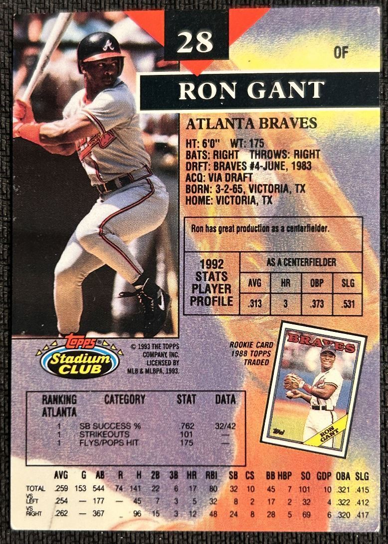 1993 Stadium Club Ron Gant Atlanta Braves #28