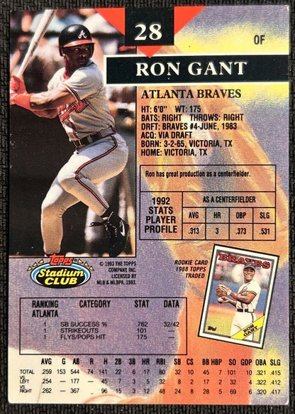 1993 Stadium Club Ron Gant Atlanta Braves #28