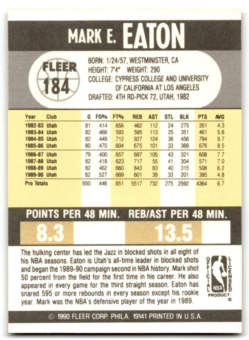 1990-91 Fleer Mark Eaton Utah Jazz #184