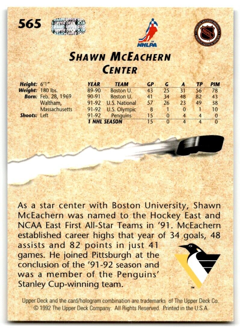 1992-93 Upper Deck Shawn McEachern Rookie Pittsburgh Penguins #565