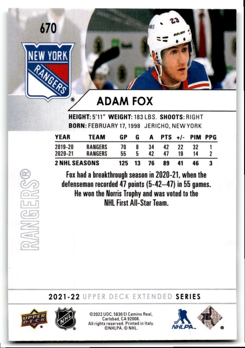 2021-22 Upper Deck Adam Fox New York Rangers #670