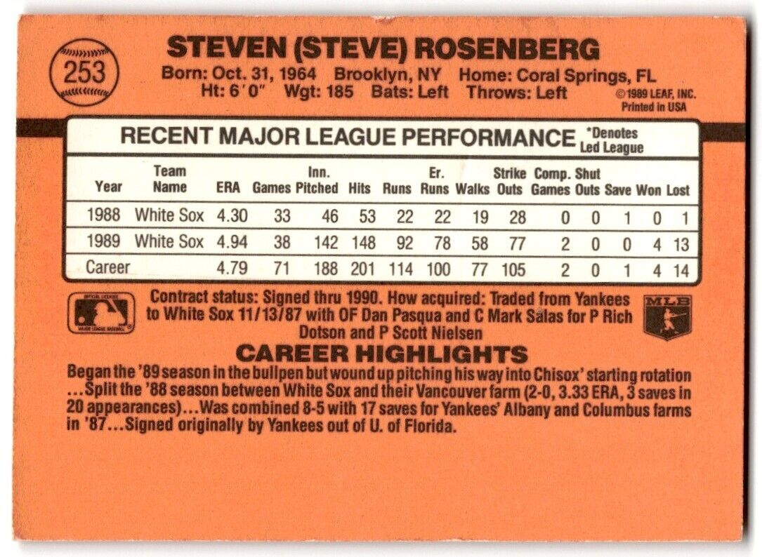 1990 Donruss Steve Rosenberg Chicago White Sox #253