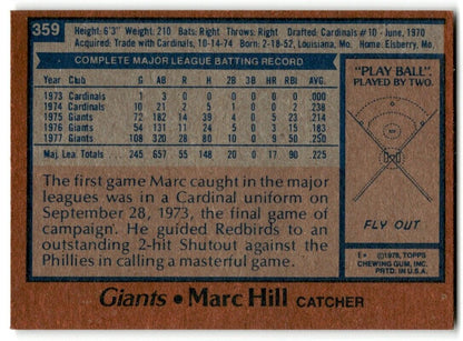 1978 Topps Marc Hill San Francisco Giants #359