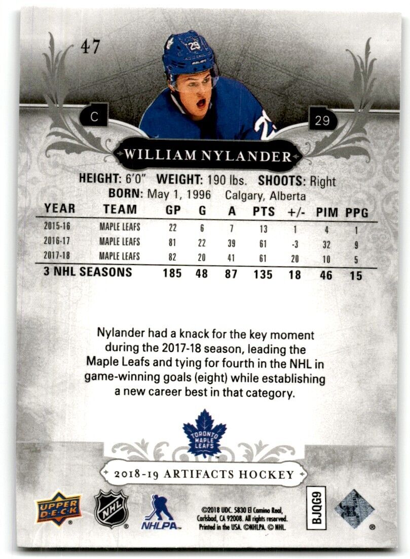 2018-19 Upper Deck Artifacts William Nylander Toronto Maple Leafs #47