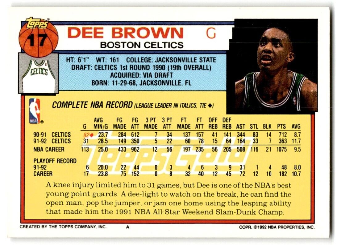 1992-93 Topps Gold Dee Brown Boston Celtics #17