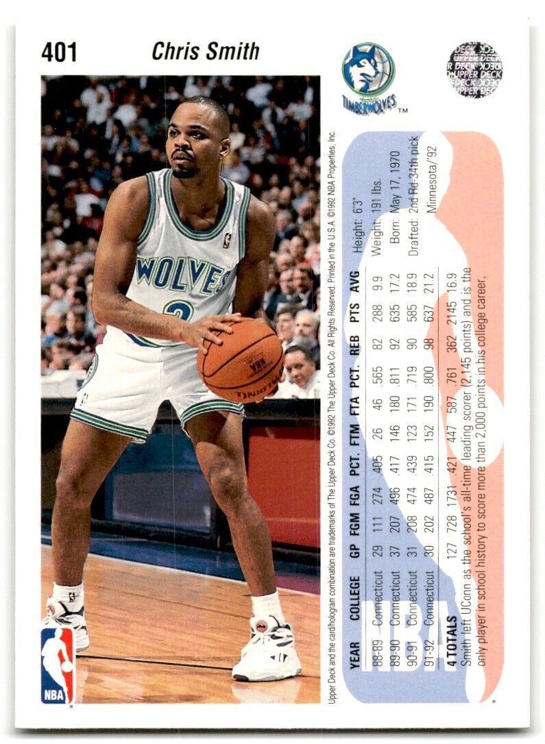 1992-93 Upper Deck Chris Smith Rookie Minnesota Timberwolves #401