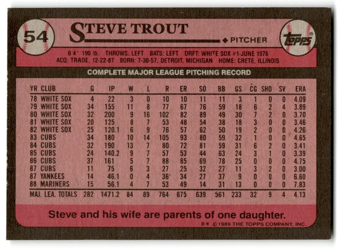 1989 Topps Steve Trout Seattle Mariners #54