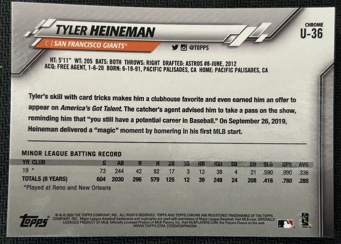 2020 Topps Chrome Update Tyler Heineman Rookie San Francisco Giants #U-36