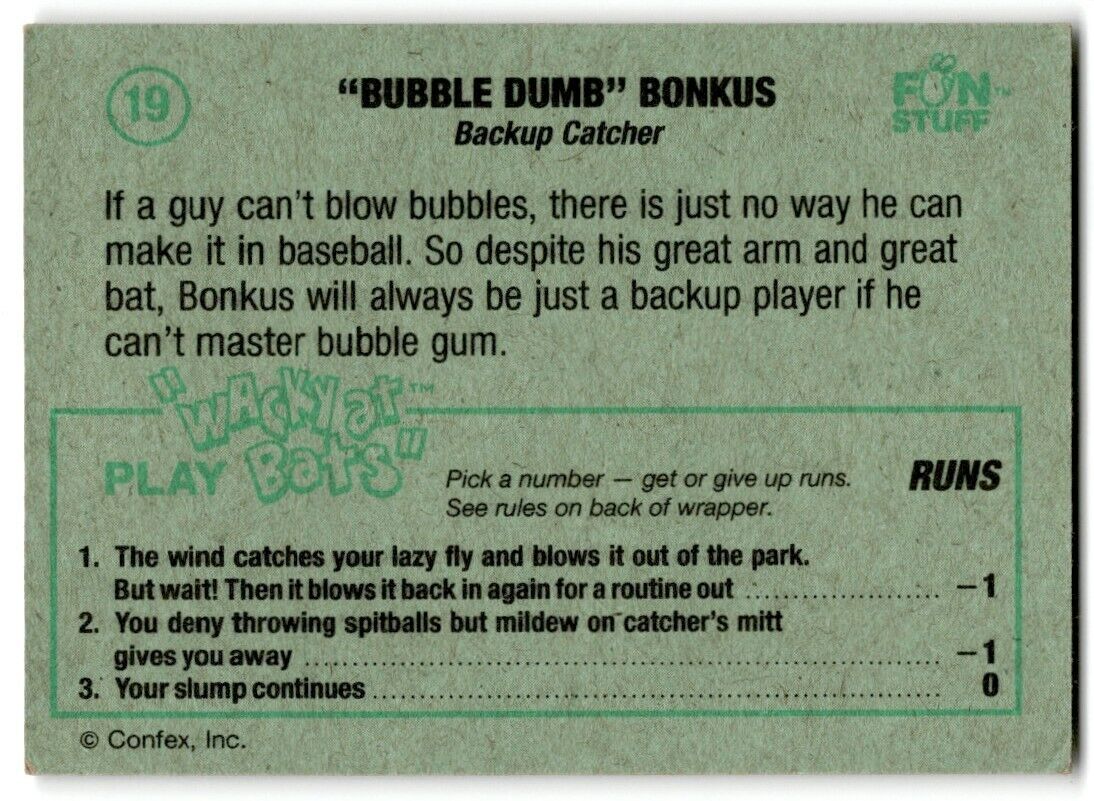 1983 Confex Wacky At Bats Bubble Dumb Bonkus #19