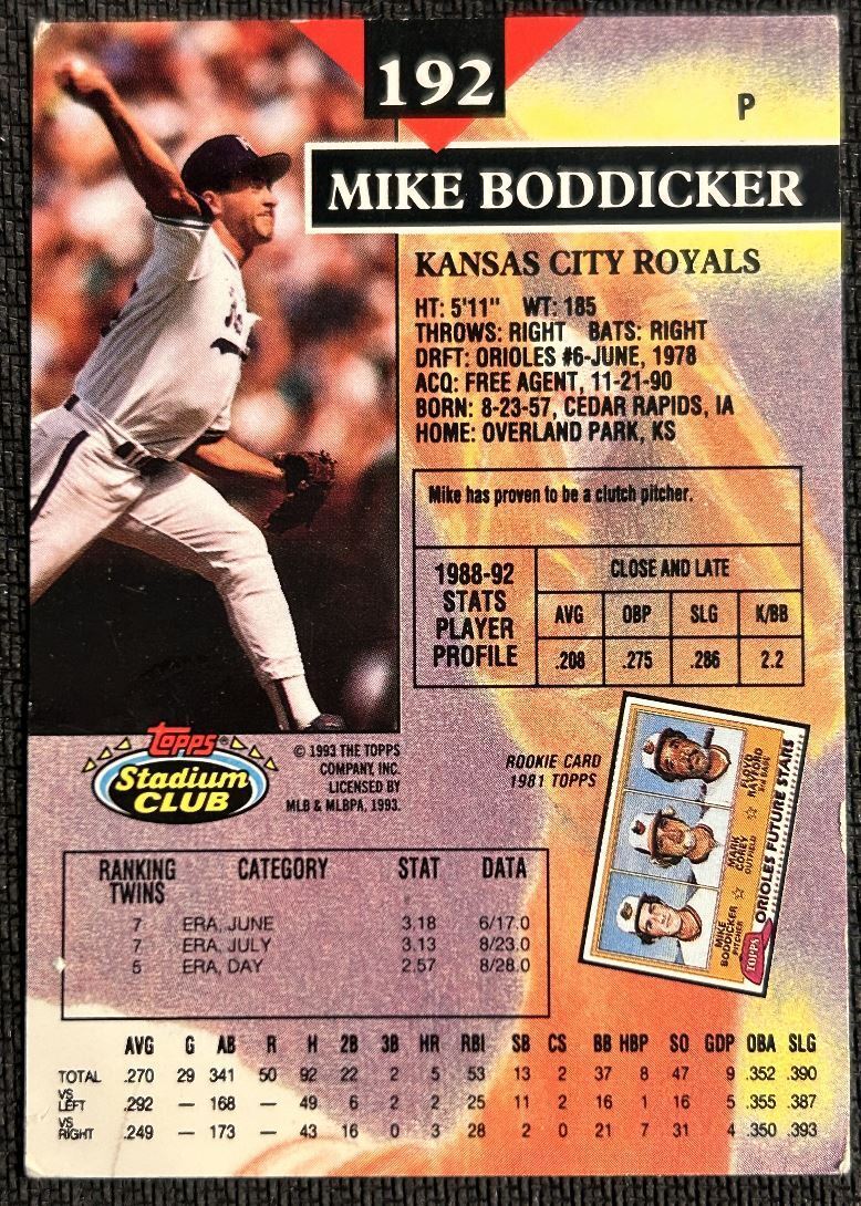 1993 Stadium Club Mike Boddicker Kansas City Royals #192