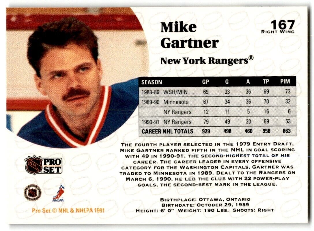 1991-92 Pro Set Mike Gartner New York Rangers #167