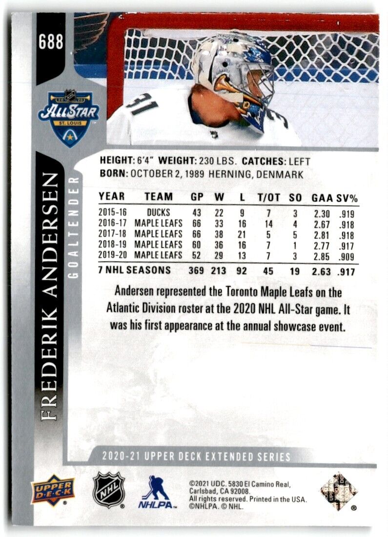 2020-21 Upper Deck Frederik Andersen Toronto Maple Leafs #688