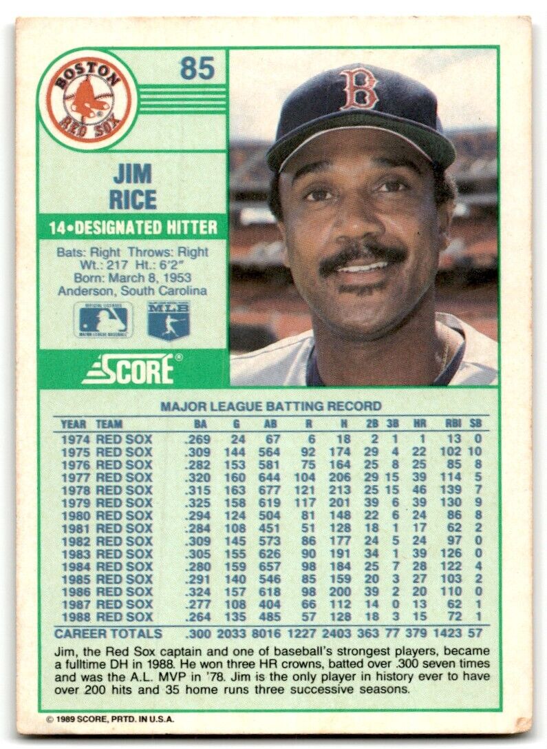 1989 Score Jim Rice Boston Red Sox #85