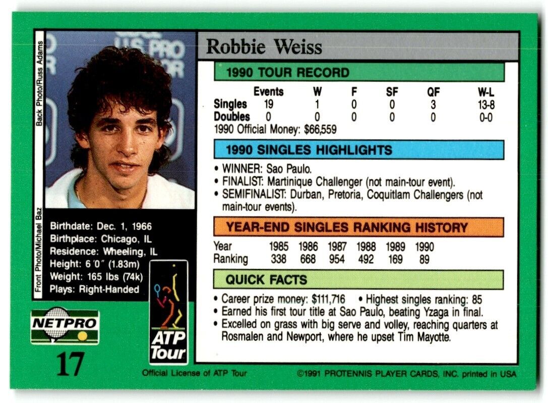 1991 Protennis player Cards Netpro Tour Star Robbie Weiss #17