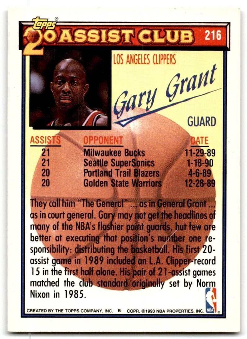 1992-93 Topps 20 assist club Gary Grant Los Angeles Clippers #216