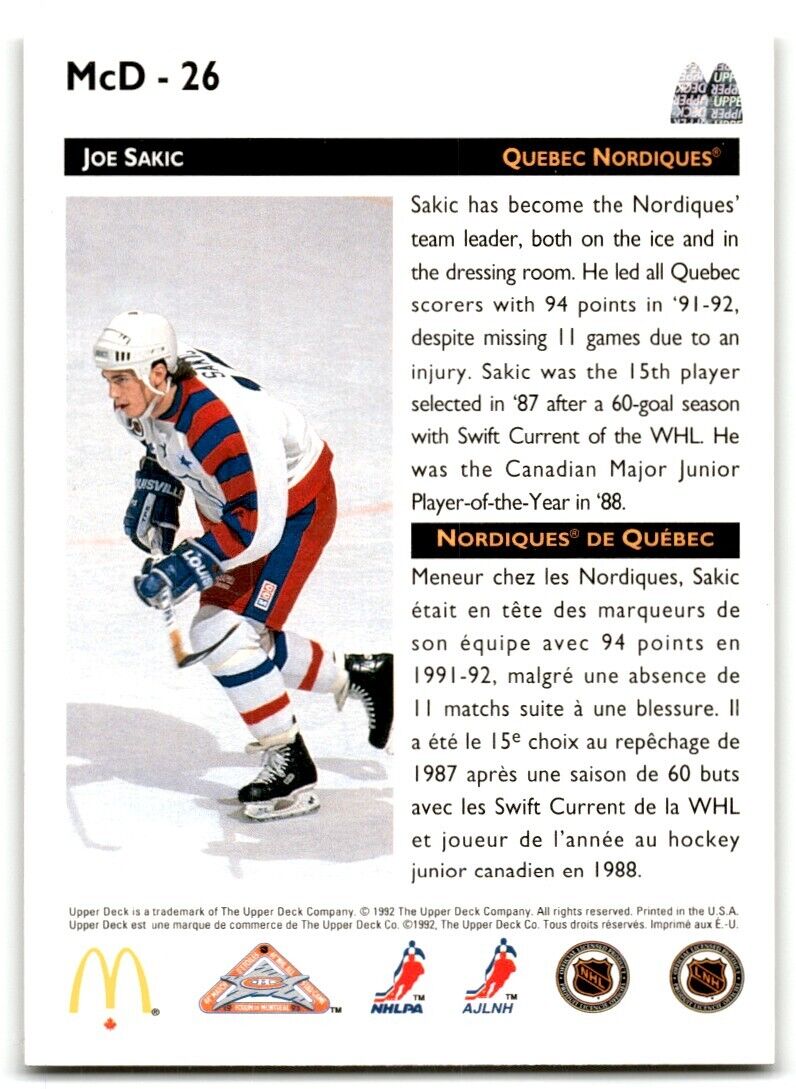 1992-93 Upper Deck McDonald's All-Stars Joe Sakic Quebec Nordiques #MCD-26