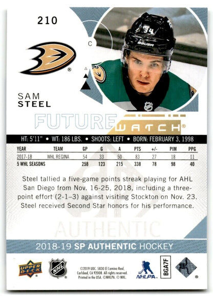 2018-19 SP Authentic Future watch Sam Steel 120/999 Anaheim Ducks #210