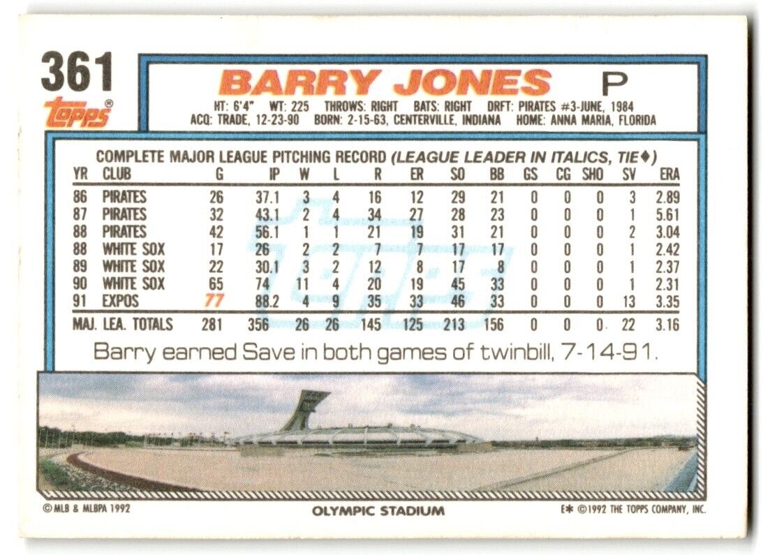 1992 Topps Barry Jones Montreal Expos #361