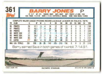 1992 Topps Barry Jones Montreal Expos #361