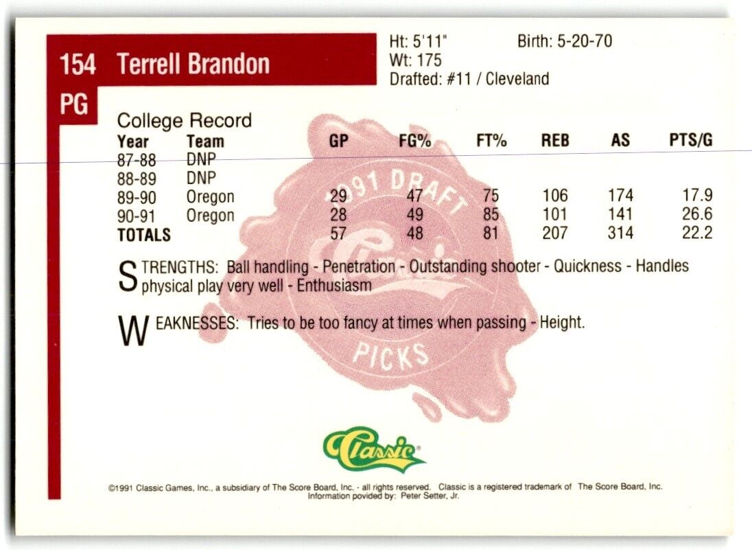 1991-92 Classic Terrell Brandon Rookie Oregon Ducks #154