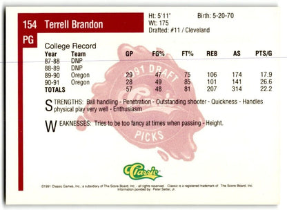 1991-92 Classic Terrell Brandon Rookie Oregon Ducks #154