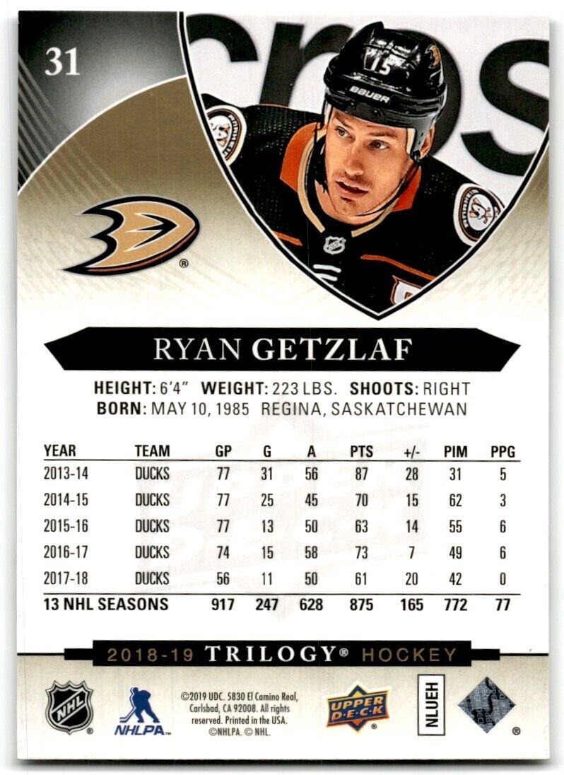 2018-19 Upper Deck Trilogy Ryan Getzlaf Anaheim Ducks #31