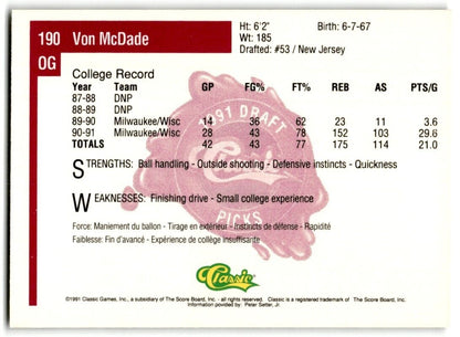 1991-92 Classic Von McDade Rookie UW-Milwaukee Panthers #190