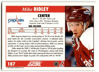 1992-93 Score Mike Ridley Washington Capitals #187