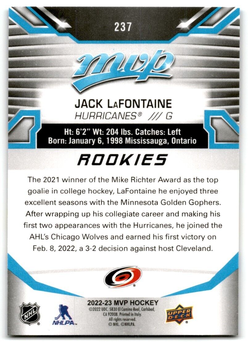 2022-23 Upper Deck MVP Jack LaFontaine Rookie Carolina Hurricanes #237