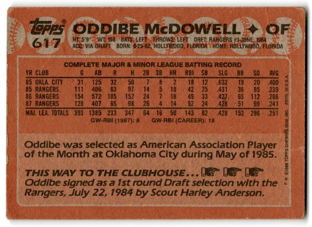 1988 Topps Oddibe McDowell Texas Rangers #617