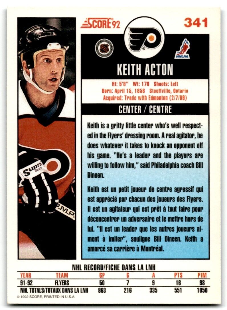 1992-93 Score Keith Acton Philadelphia Flyers #341