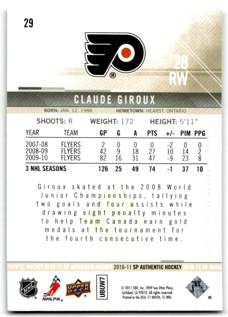 2011-12 SP Authentic Claude Giroux Philadelphia Flyers #29