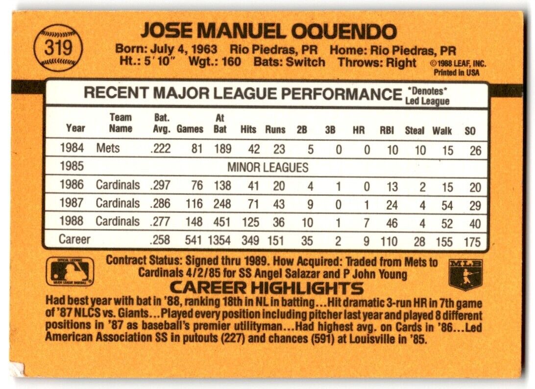 1989 Donruss Jose Oquendo St. Louis Cardinals #319