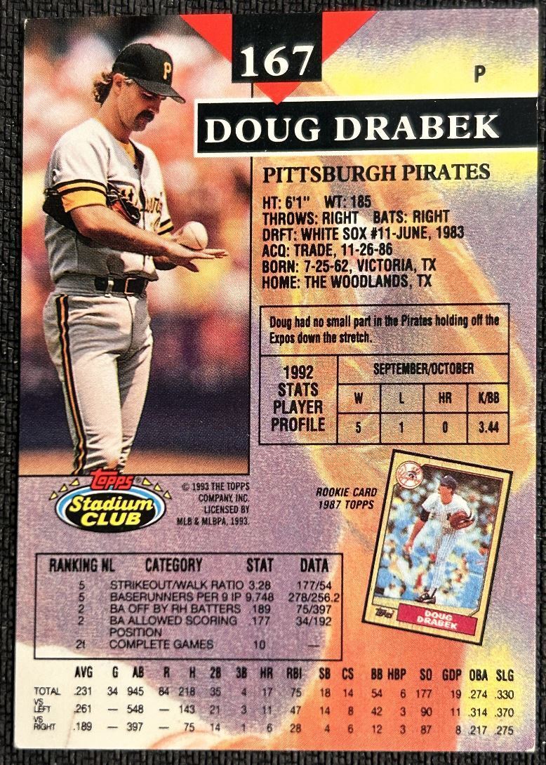 1993 Stadium Club Doug Drabek Pittsburgh Pirates #167